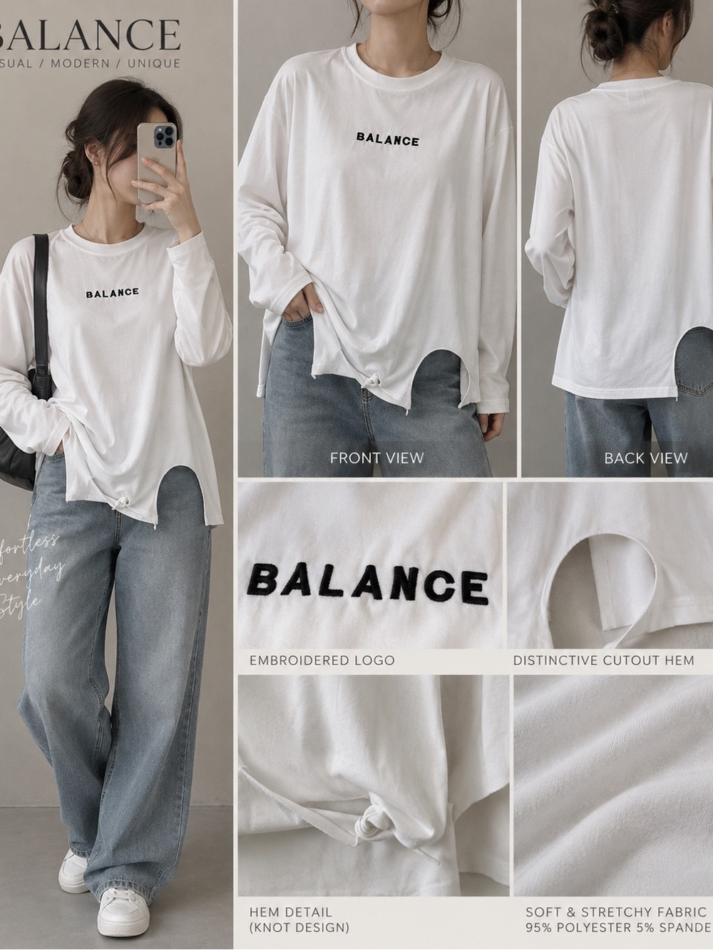 BALANCE White Stretch Long Sleeve Top Raw Cutout Hem Embroidered